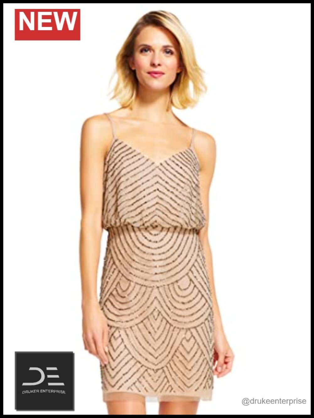 Beaded Blouson V-Neck Sleeveless Cocktail Dress